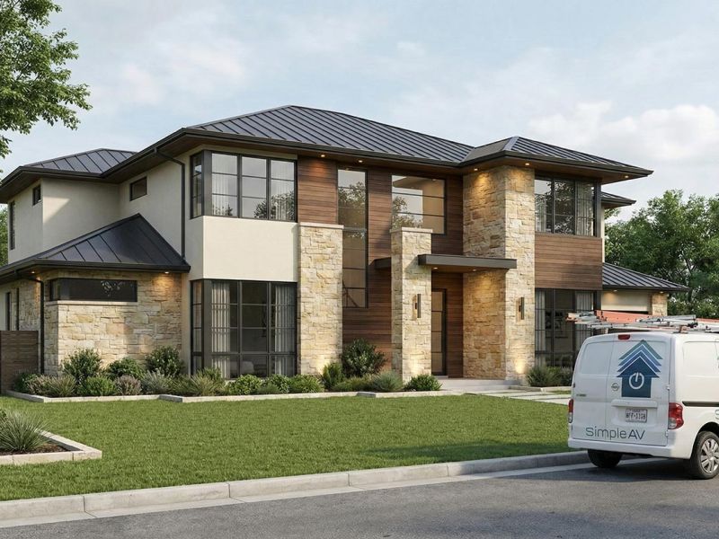 Modern two story home with stone exterior and a service van parked outside